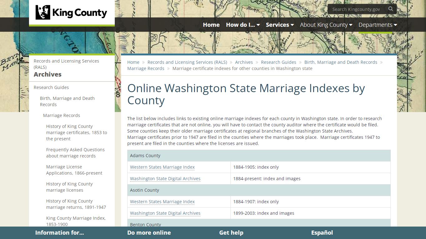 Online Washington State Marriage Indexes by County