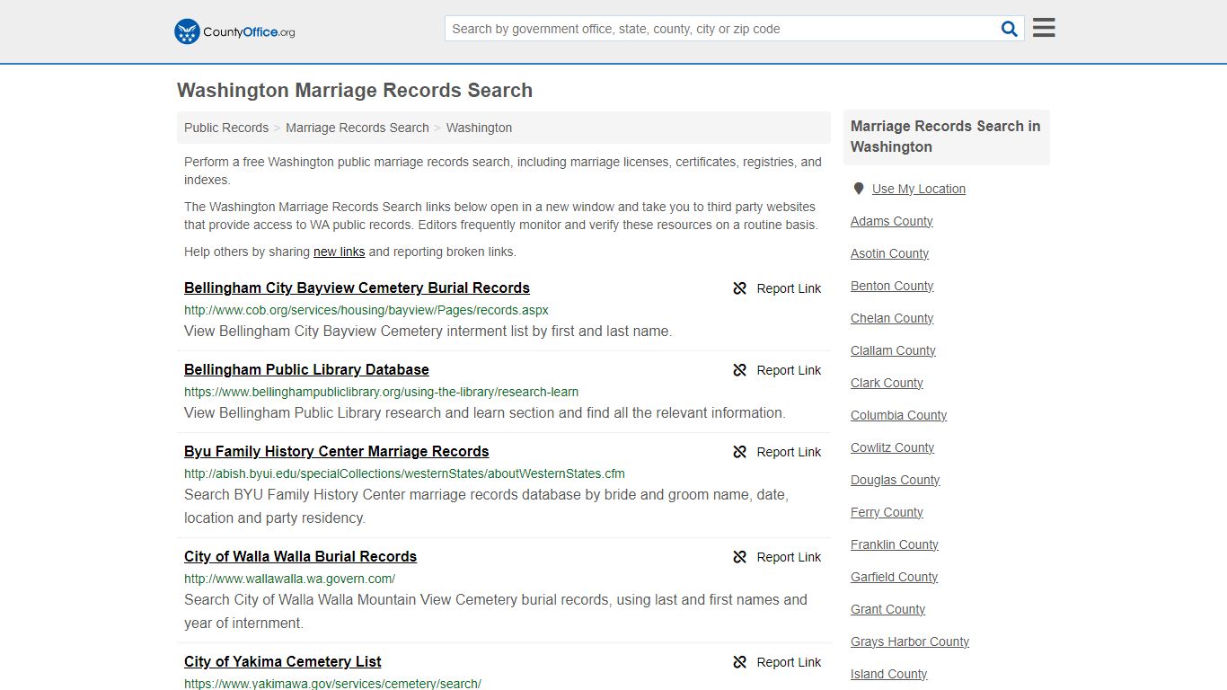 Washington Marriage Records Search - County Office